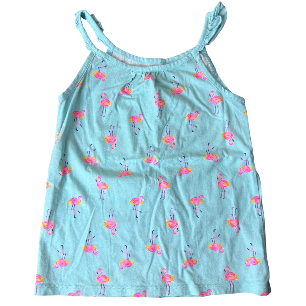 OshKosh Bgosh Girls Size 7 Aqua Blue Pink Flamingo Print Ruffle Tank Top Shirt‎